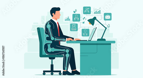 Office worker illustration with skeleton overlayed to show posture while sitting at desk