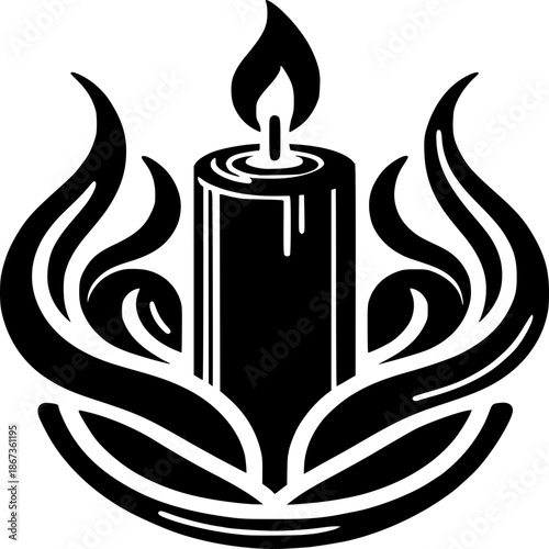 Candle flame of illumination and guidance: This stark monochrome design captures the essence of a burning candle, symbolizing light, guidance, and remembrance.