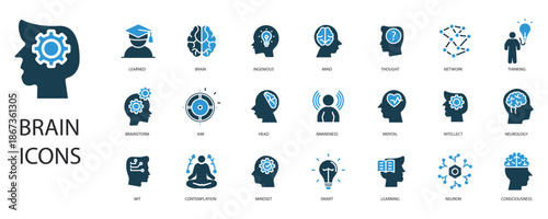 brain set icons outline and Flat Style,transparent background