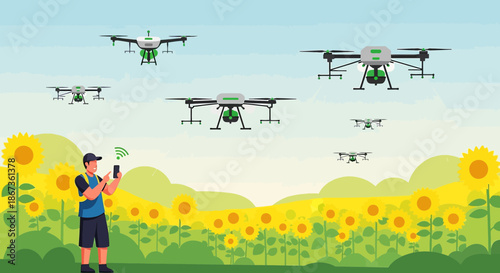 Precision agriculture illustration featuring drones over a vibrant sunflower field controlled by