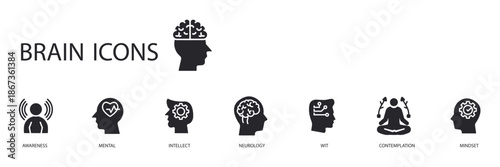 brain set icons outline and Flat Style,transparent background