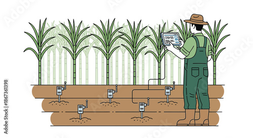 Precision agriculture illustration showcasing modern farming with farmer using technology