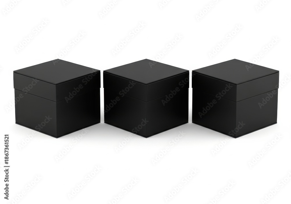 Fototapeta premium Three identical black cubic boxes arranged in a row isolated on white background