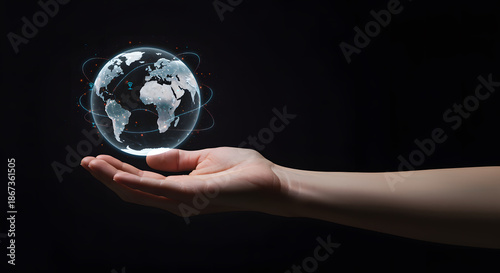 Human hand holding glowing digital globe with network connections