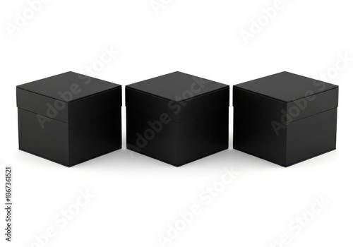 Three identical black cubic boxes arranged in a row isolated on white background