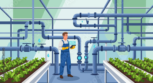 Precision agriculture: worker managing irrigation system in controlled environment farm