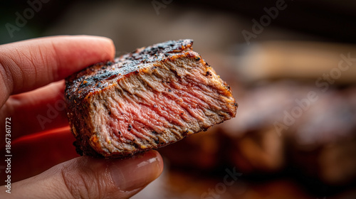 Wallpaper Mural A person is holding a piece of meat with a knife in their hand Torontodigital.ca