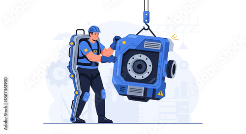 Robotics engineer in exosuit lifting futuristic heavy machine with advanced technology