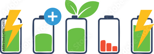 Vector Set of Battery Capacity Levels and Charging State Icons, Various Battery Charging Indicators with Eco-Friendly Symbols, Green Energy and Battery Status Icon Set, vector, illustration