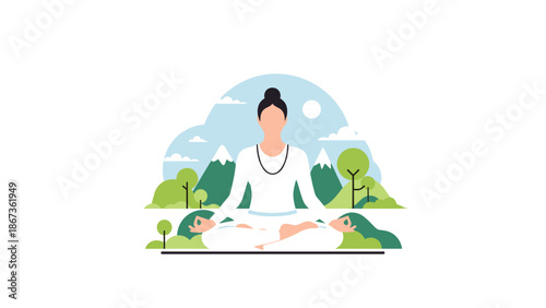 A serene illustration of a person meditating in a lotus pose amidst rolling green hills, trees, and a bright sun, conveying peace, wellness, and mindfulness.