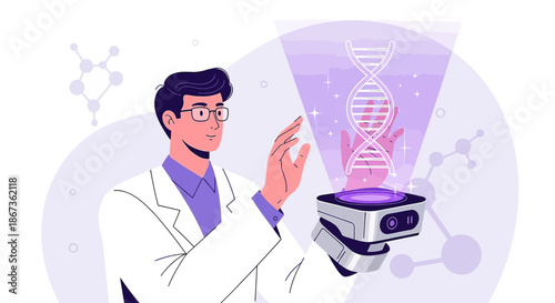 Scientist using futuristic hologram technology for DNA analysis in a research lab setting