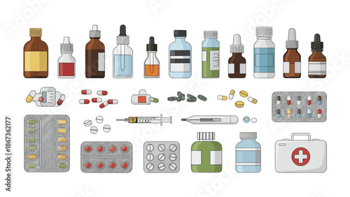 An assortment of medical supplies including bottles, pills, syringes, thermometers, and a first aid kit, represents healthcare, treatment, and emergency aid.