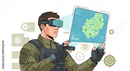 Soldier using virtual reality for tactical map analysis and military strategy coordination