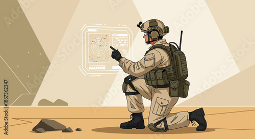Soldier on a mission using a futuristic display, engaging in tactical planning in the desert terrain