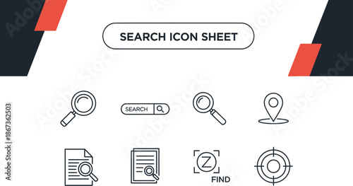 Black outline icon sheet representing search and discovery interface functions