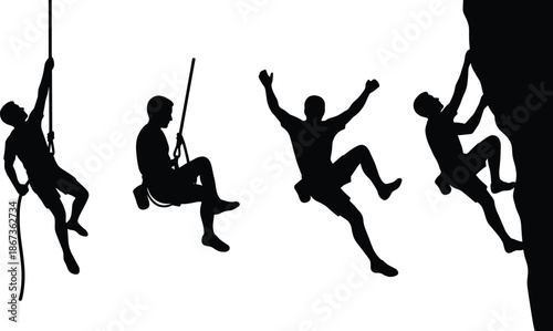 Rock climbing and rappelling silhouette action set showing climbers ascending, descending and jumping, black extreme sport figures isolated on white background for adventure design