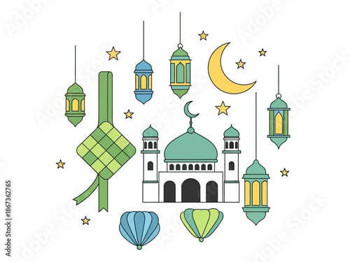 Celebration of a festive night with mosque, lanterns, and stars in a serene environment