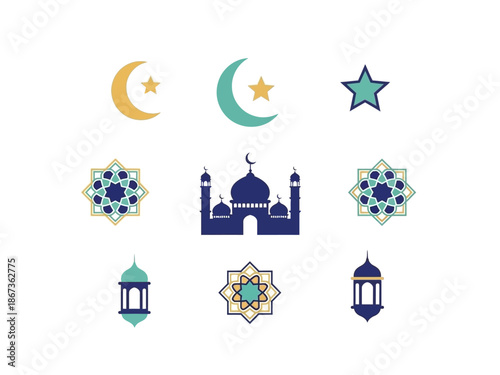 Islamic symbols and mosque illustration showcasing cultural heritage and traditional architecture