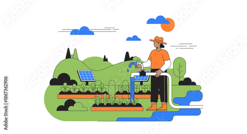 Sustainable irrigation with solar panels, promoting environmental awareness and resource