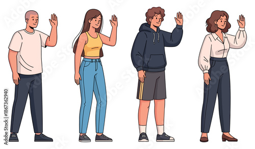 Diverse group of young adults and teens waving cheerfully in casual attire