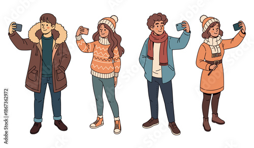 Diverse group of young adults taking selfies in winter clothing