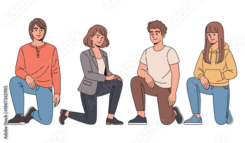 Four diverse young adults kneeling: casual fashion and friendly poses