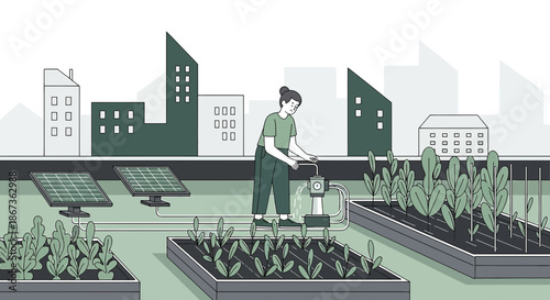 Sustainable urban farming featuring solar panels and woman tending rooftop garden in city
