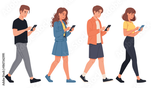Young adults using smartphones: caucasian male and female teenagers walking and texting