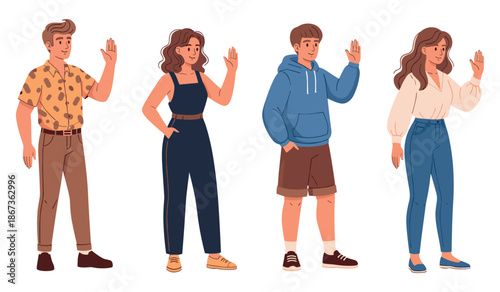 Illustration of diverse individuals waving: caucasian male teen, caucasian female teen, caucasian male young, caucasian female young