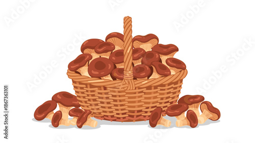 A woven basket is overflowing with fresh mushrooms, representing a bountiful harvest, foraging, and natural food.