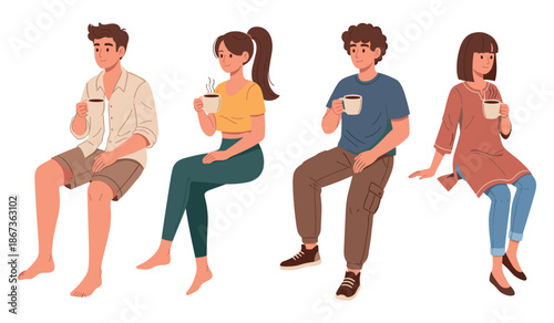 Young adults enjoying coffee break - diverse group relaxing with hot drinks