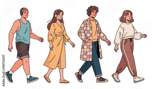 Group of young diverse adults walking with headphones