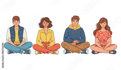 Diverse group of young adults sitting cross-legged smiling