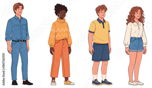 Diverse cartoon characters: casual outfits and styles