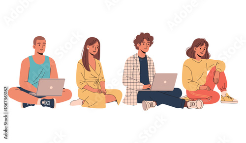 Diverse group of young adults using laptops in casual attire