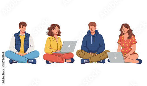 Young adults using laptops while sitting cross-legged on white background