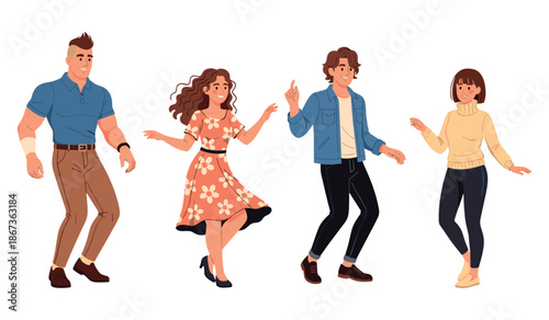 Group of diverse young adults dancing in casual attire