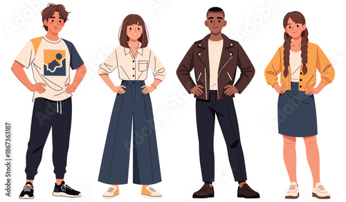 Diverse group of animated teens: casual fashion and confidence