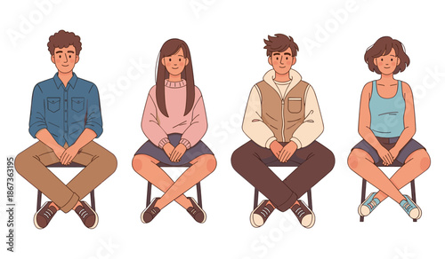 Group of diverse young adults sitting together in casual outfits