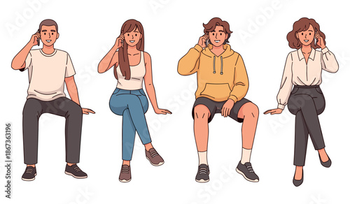 Young caucasian adults sitting and talking on phones