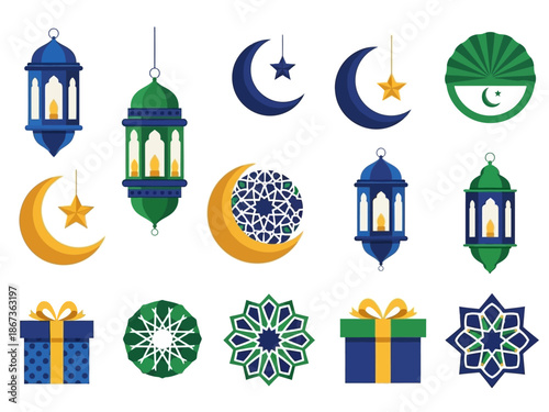 A collection of Islamic symbols and ornaments, including crescent moons, lanterns, and gift boxes, arranged in a visually appealing pattern on a clean background.