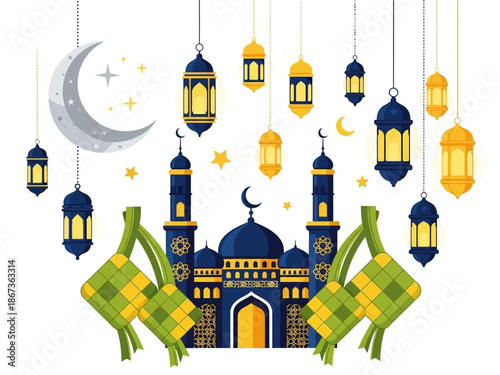 Mosque decorations and lanterns hanging in the air with a crescent moon