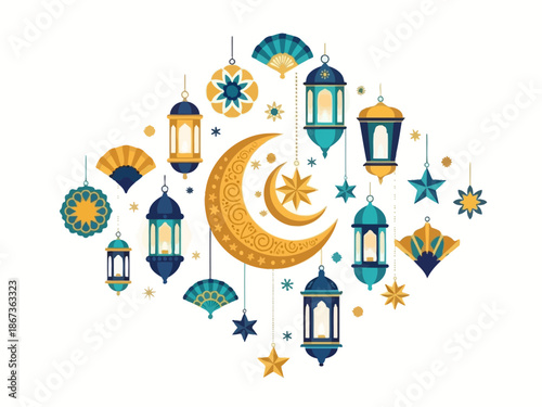 Celebration of Ramadan with crescent moon and lanterns in the night sky