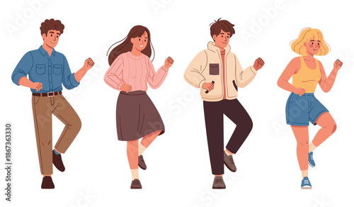 Diverse group of young adults dancing energetically in casual outfits