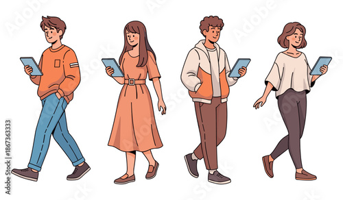Young adults engaging with tablets: casual outfits and diverse styles