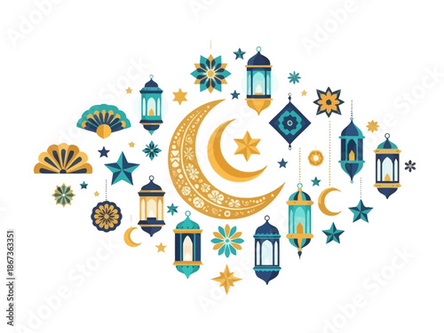 Celebration of Ramadan with crescent moon, stars, and lanterns in a festive illustration