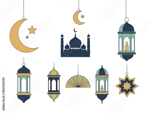 Celebratory lanterns and crescent moons hanging in a festive Islamic atmosphere