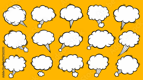 Pop Art Comic Explosion and Smoke Bubble Set Vector. Retro Manga Style Speech Puffs Collection