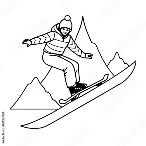 An equipped snowboarder in a dynamic jump over a mountain peak, black and white contour drawing, illustration for coloring or decorating a winter resort