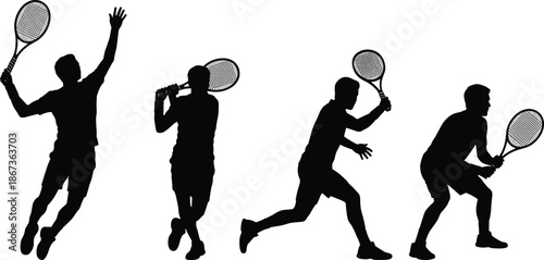 Tennis player silhouettes in powerful serve and return poses, highlighting athletic performance, speed, precision, competitive match action, professional sports training, and active lifestyle concept